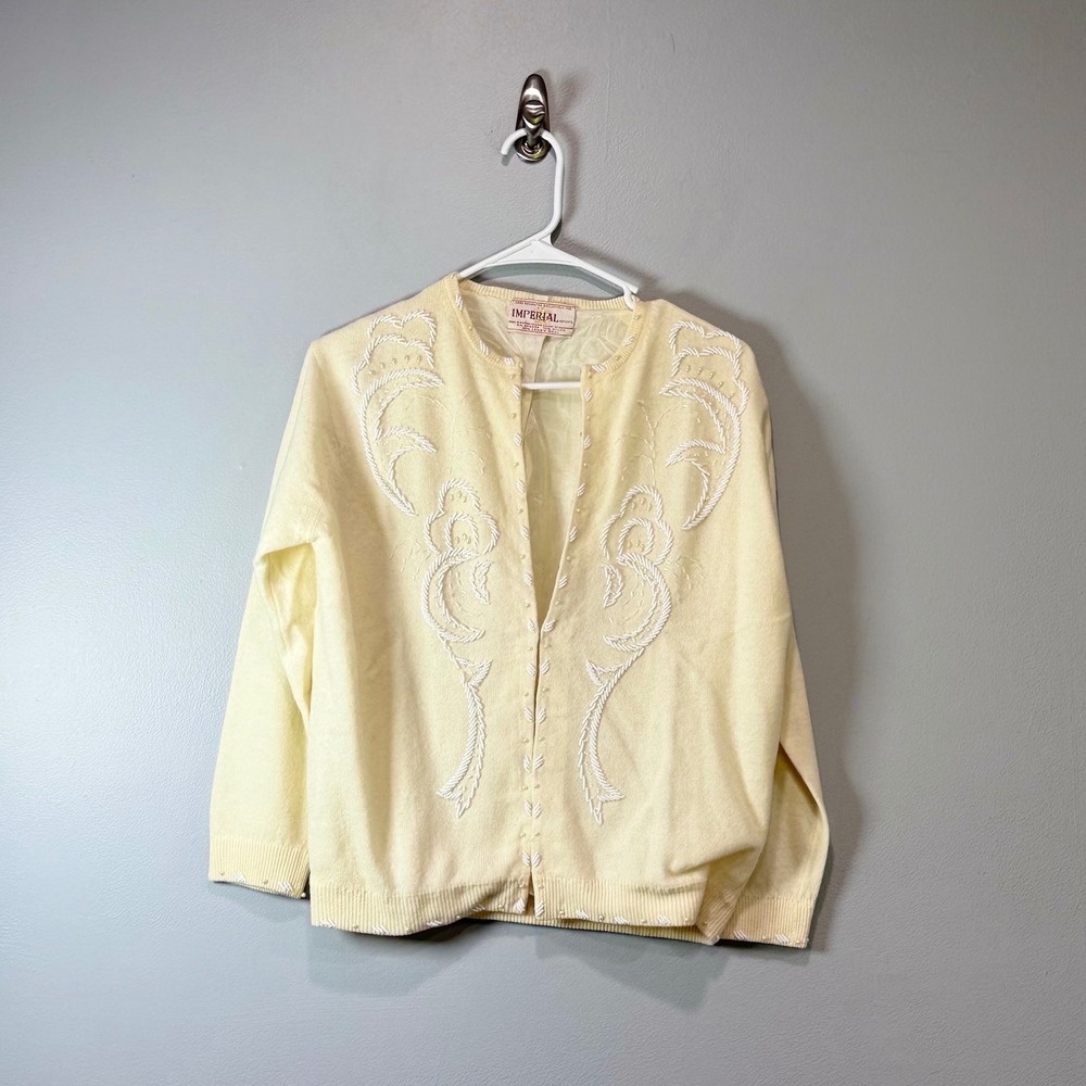 Vintage 60's Imperial Imports Beaded Lambswool Angora Cardigan Sweater Size 40